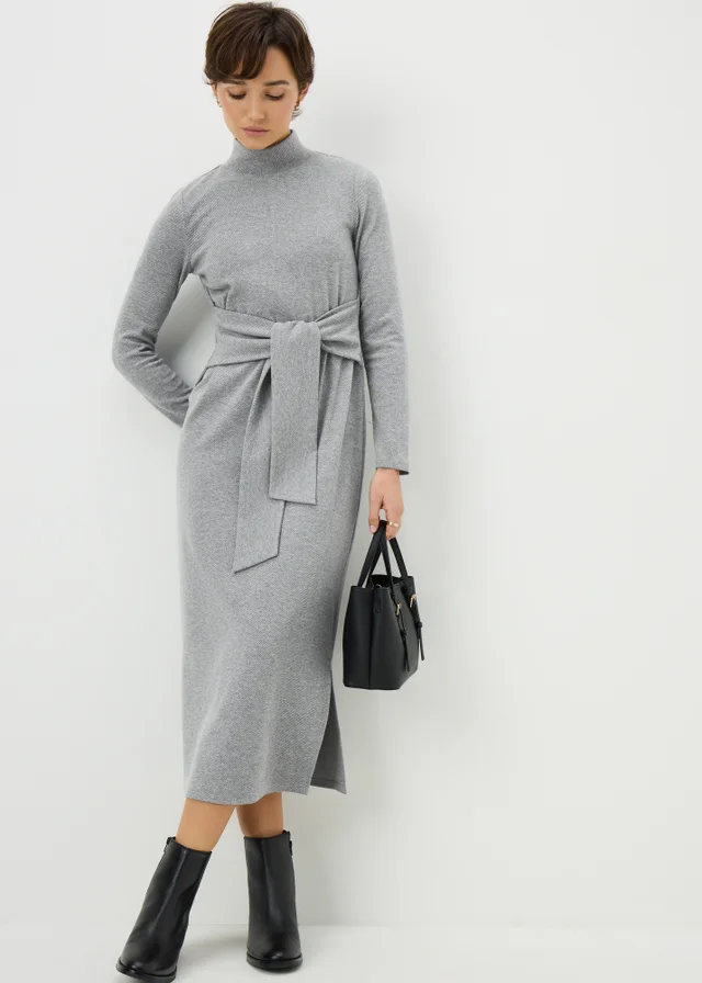 Grey Jersey Tie Midi Dress