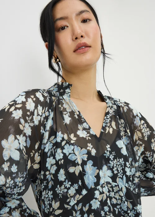 Blue Floral Shirred Neck Dress - 8 Image 2