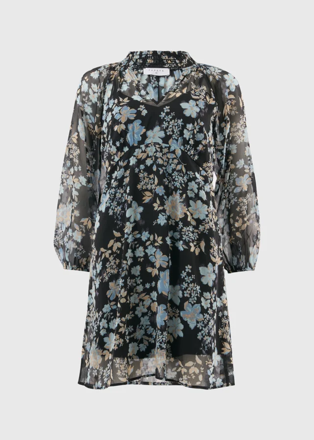 Blue Floral Shirred Neck Dress