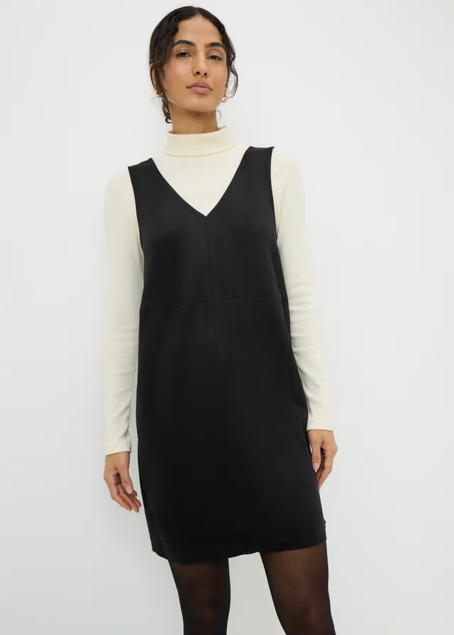 Black Faux Suede Pinafore Dress