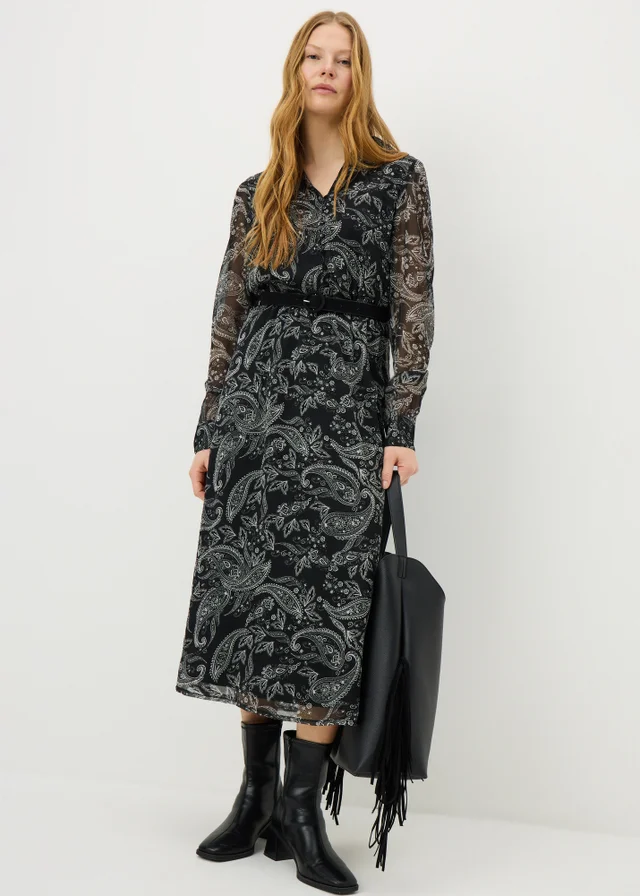 Black Paisley Belted Midaxi Dress