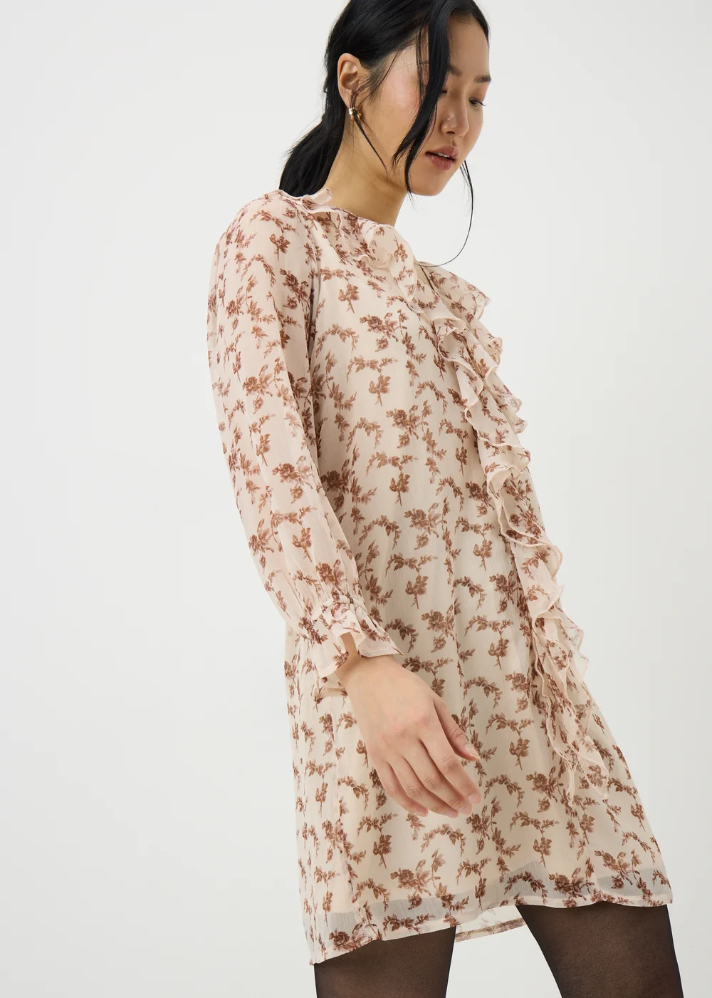 Brown Floral Ruffle Mini Dress - 8 Image 1