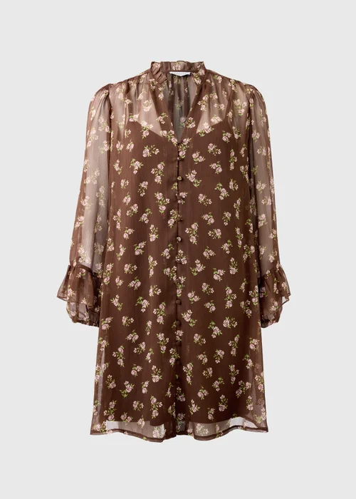 Brown Ditsy Floral Sheer Ruffle Mini Dress - 8 Image 4