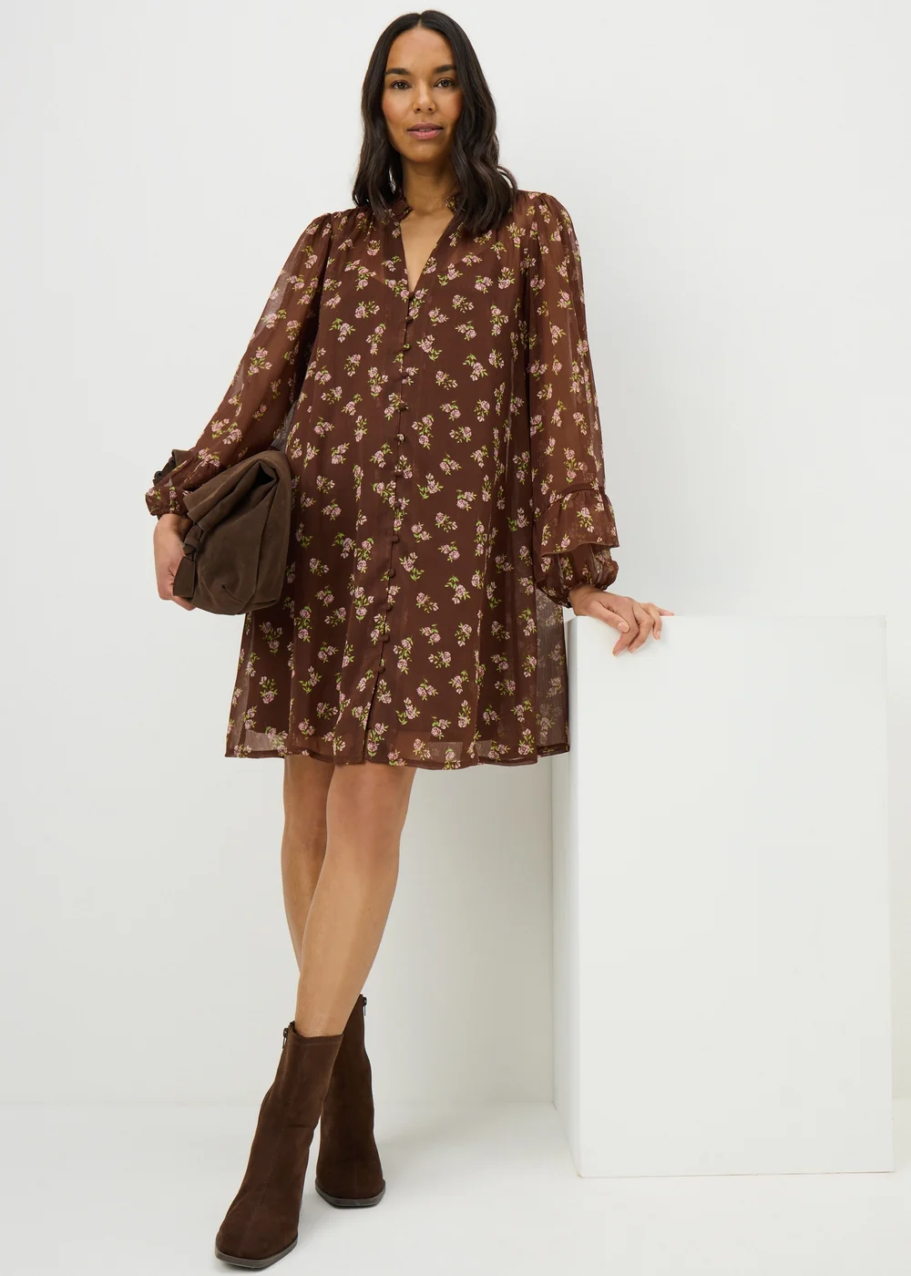 Brown Ditsy Floral Sheer Ruffle Mini Dress - 8 Image 1