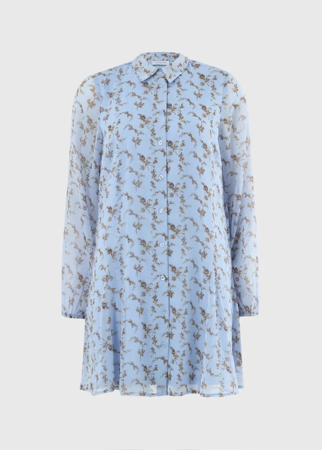 Blue Ditsy Floral Mini Shirt Dress