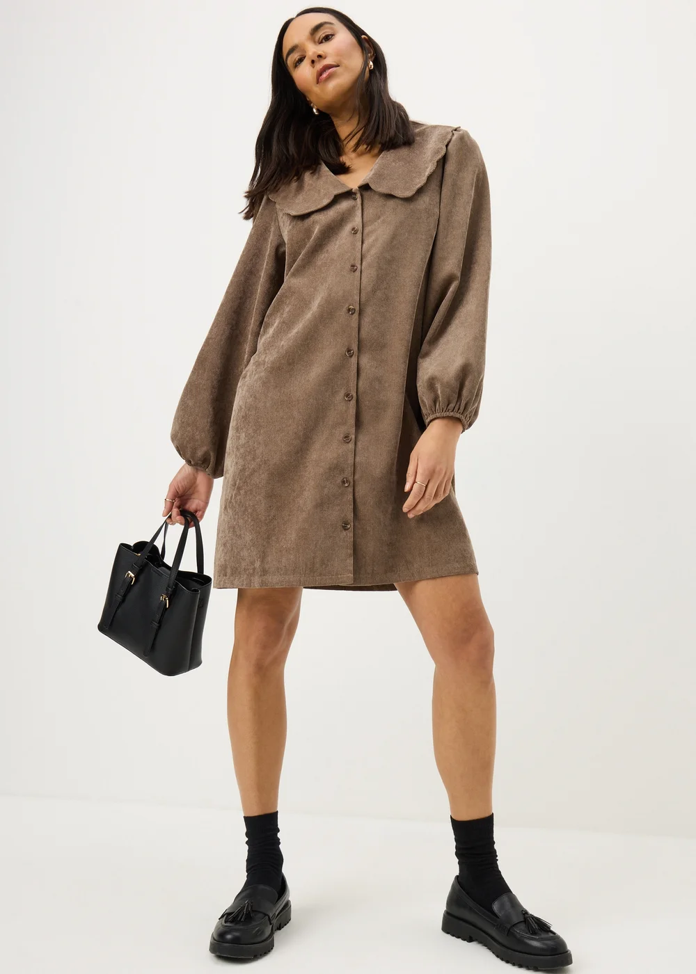 Brown Button Cord Collar Mini Dress - 8 Image 1