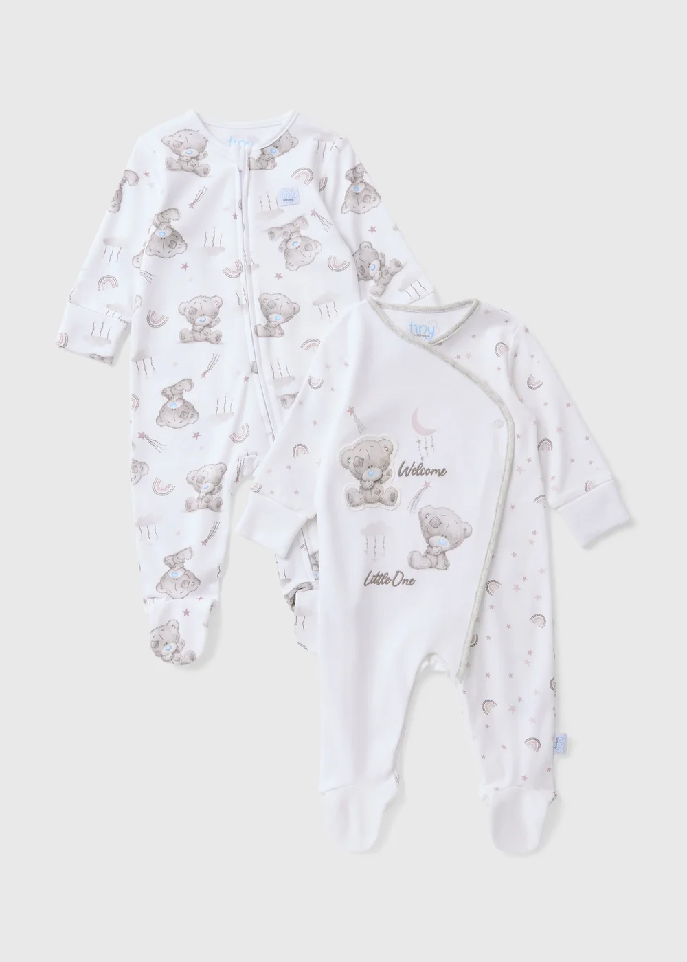 Tiny Tatty Teddy 2 Pack Baby White Zip Sleepsuits (Newborn-12mths) - Age 9 - 12 Months Image 1