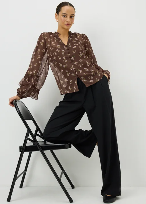 Chocolate Brown Floral Ruffle Blouse - Size 8 Image 1