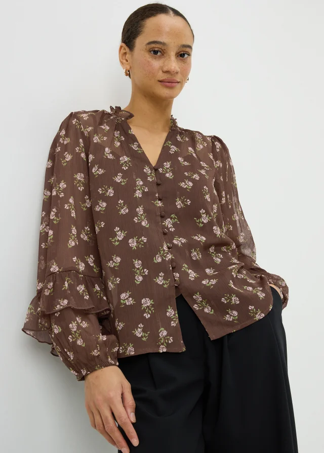 Chocolate Brown Floral Ruffle Blouse