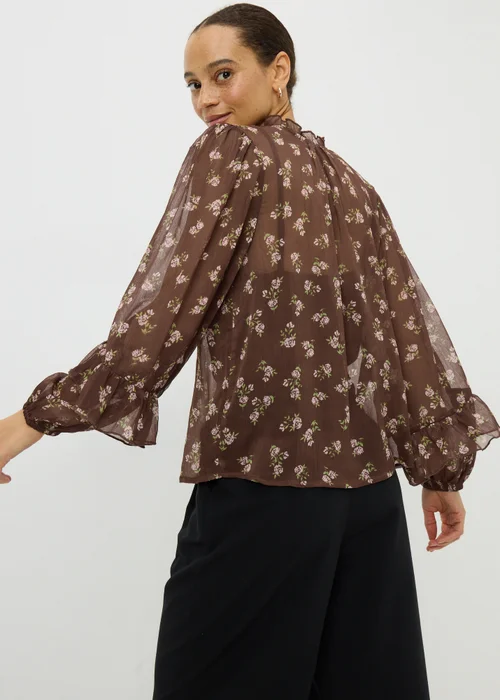 Chocolate Brown Floral Ruffle Blouse - Size 8 Image 3