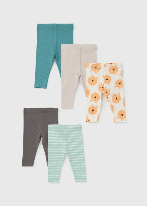 5 Pack Baby Animal Stripe Leggings (Newborn-23mths) - Up to 1 Month Image 1