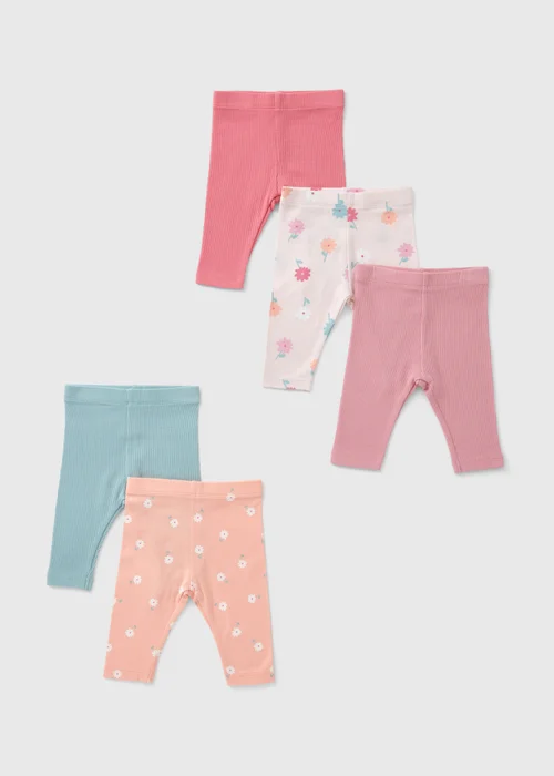 5 Pack Baby Pink Floral Leggings (Newborn-23mths) - Age 6 - 9 Months Image 1