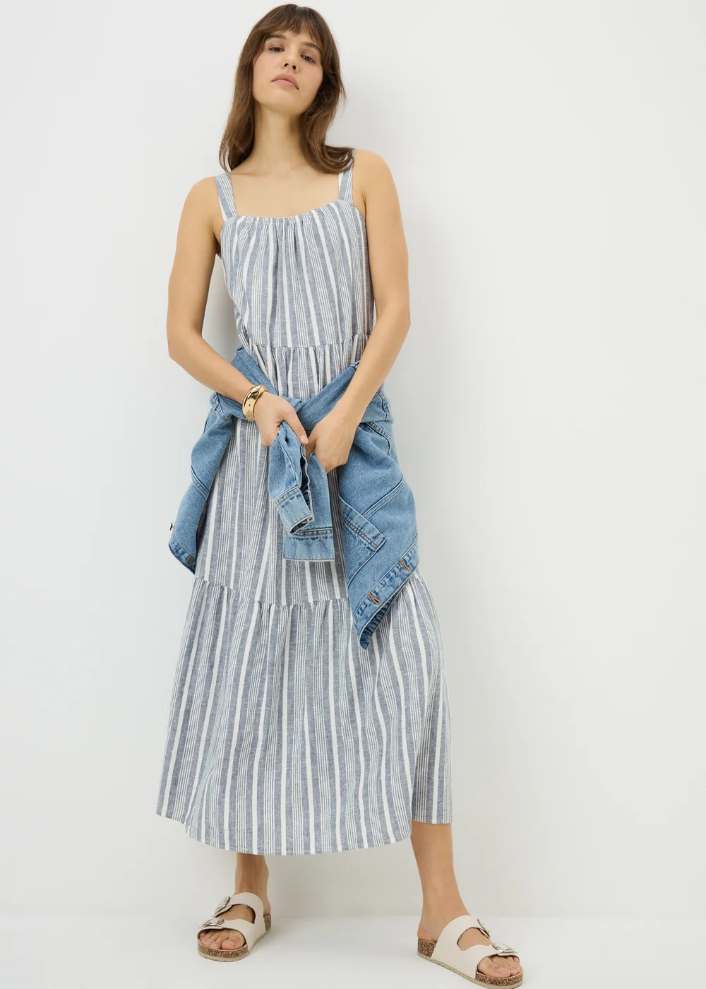 Blue Stripe Linen Rich Midaxi Dress - Size 8 Image 1