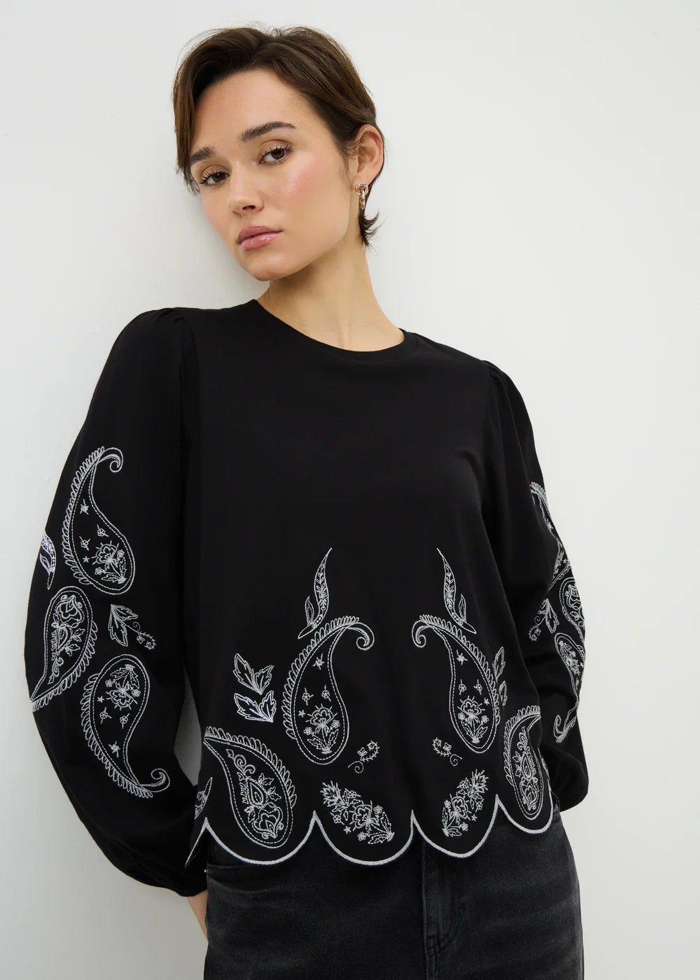Black Embroidered Long Sleeve Top - Size 8 Image 1