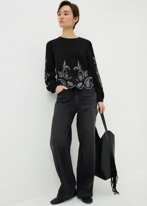 Black Embroidered Long Sleeve Top - Size 8 Image 2