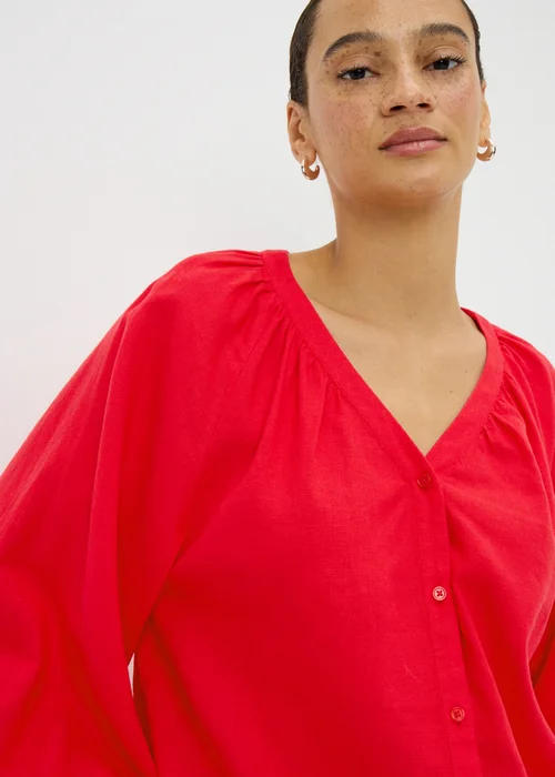 Red Linen Rich Gathered Blouse - Size 8 Image 1