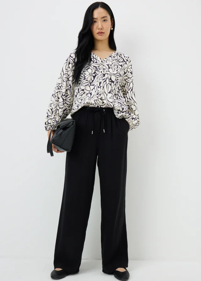 Blue Floral Linen Rich Gathered Blouse