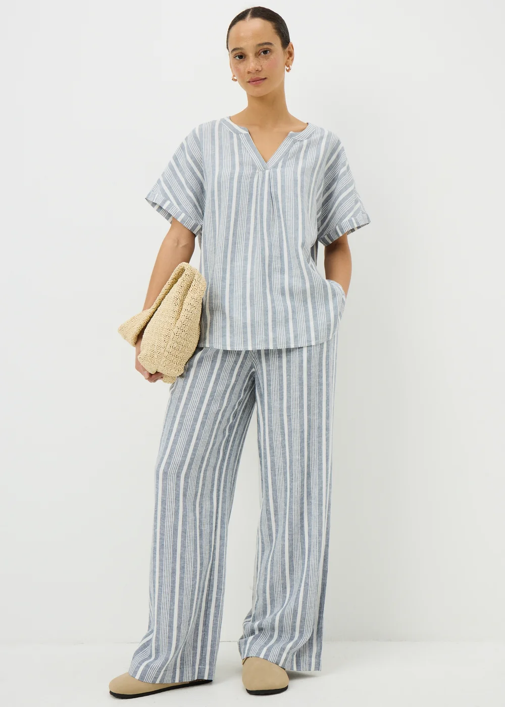 Blue Stripe Linen Blend Co Ord Blouse - Size 8 Image 2