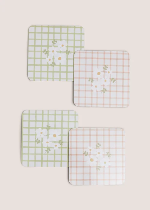 4 Piece Floral Check Coasters Image 1