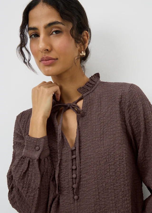 Chocolate Brown Textured High Neck Blouse