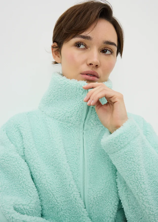 Green Funnel Neck Taped Borg Jacket