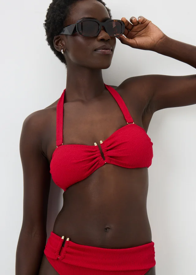 Red Textured Hardware Detail Bikini Top