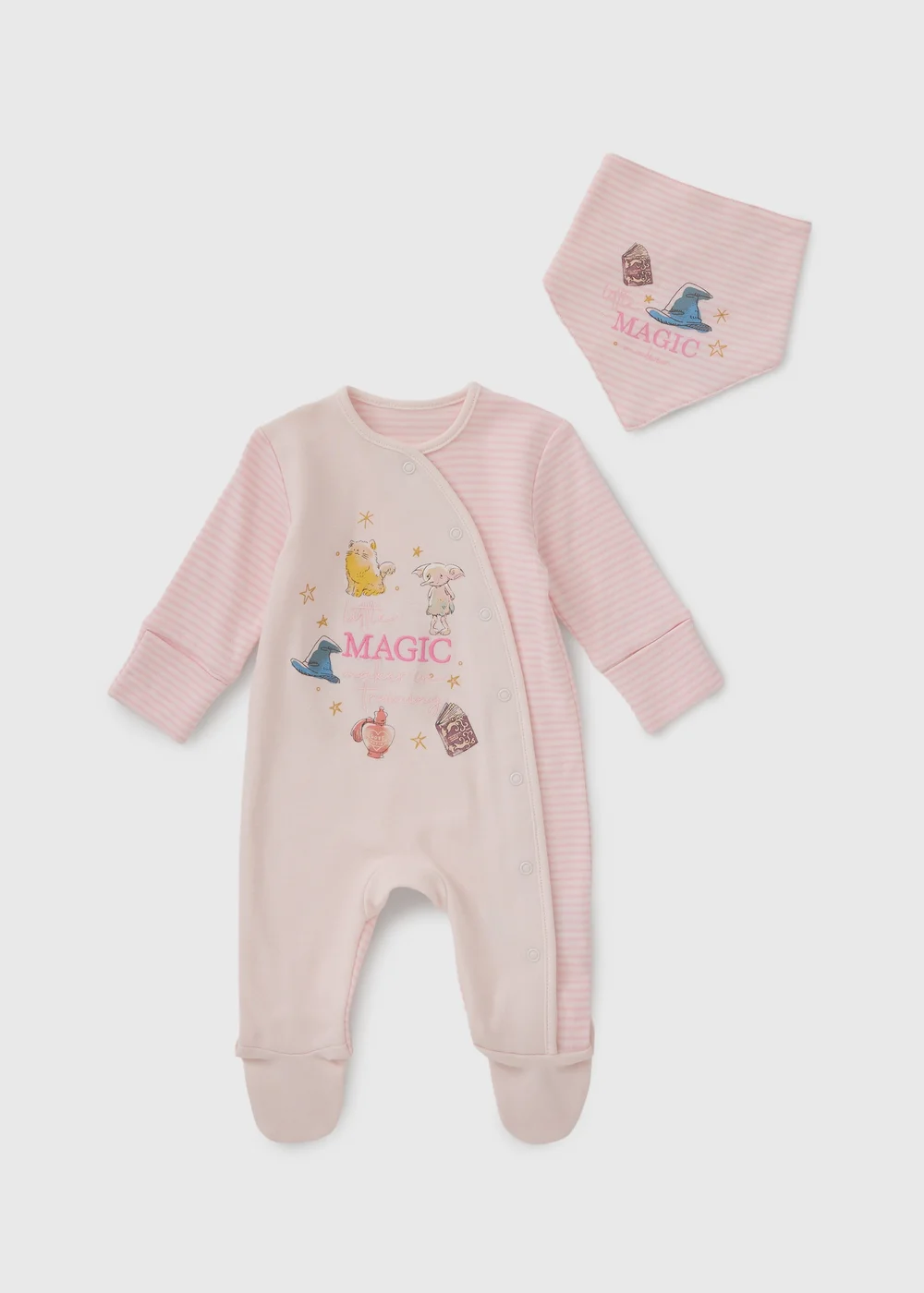 Harry Potter Baby Pink Ribbed Magic Sleepsuit & Bib Set (Newborn-12mths) - Up to 1 Month Image 1