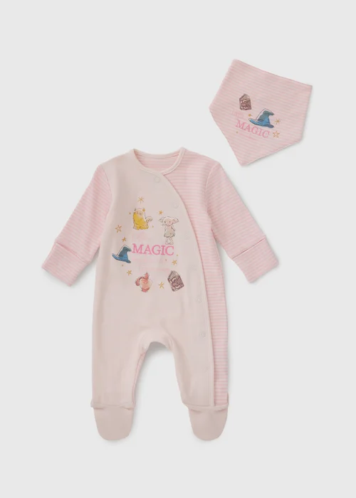 Harry Potter Baby Pink Ribbed Magic Sleepsuit & Bib Set (Newborn-12mths) - Up to 1 Month Image 1