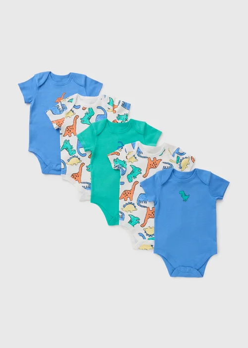 5 Pack Baby Multicolour Dino Bodysuits (Newborn-23mths) - First Size Image 1