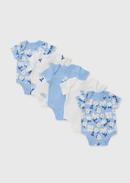 5 Pack Baby Blue Floral Bodysuits (Newborn-23mths) - First Size Image 1