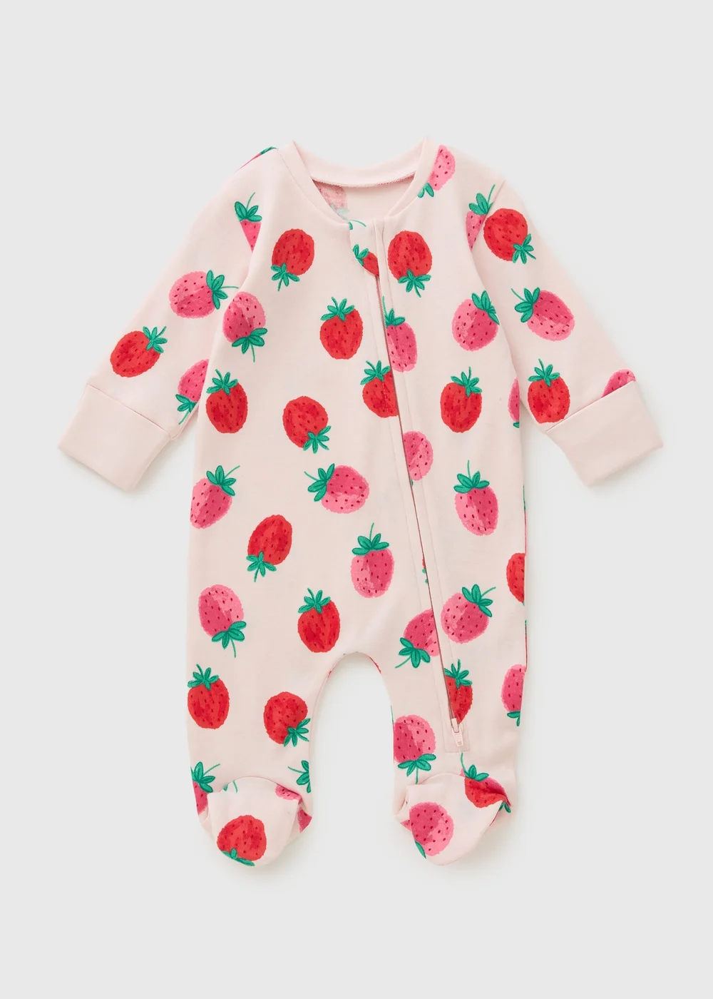 Baby Pink Strawberry Zipped Sleepsuit (Newborn-23mths) - First Size Image 1