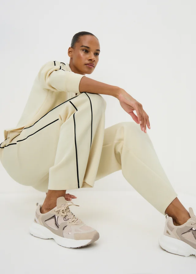 Cream Scuba Piped Co Ord Trousers