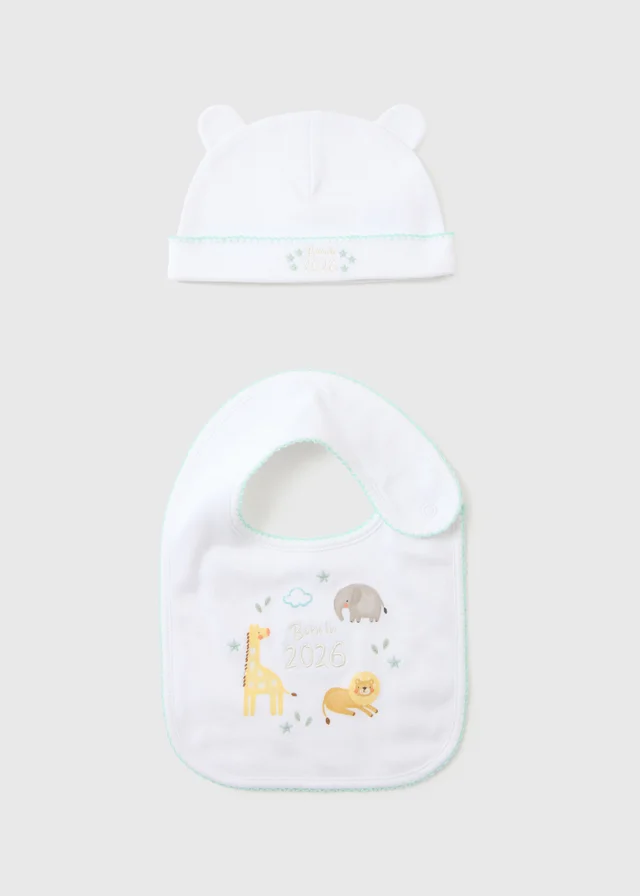 Baby White Born In Bib & Hat Set