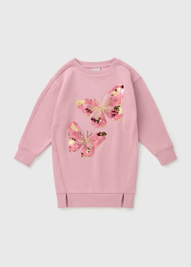 Girls Pink Butterfly Sweatshirt Dress (7-15yrs)