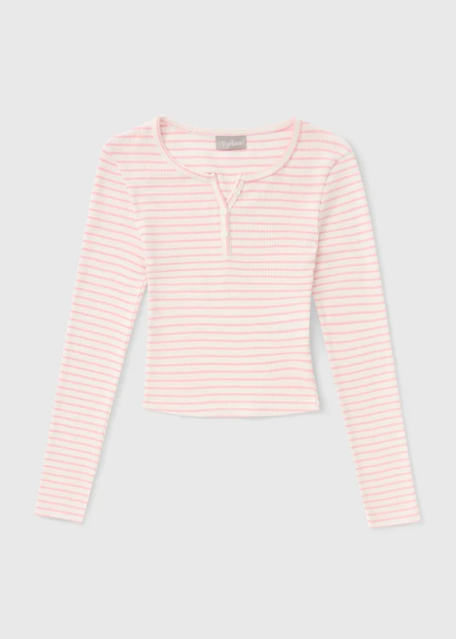 Girls Pink Stripe Ribbed Button Henley Cardigan (7-15yrs)