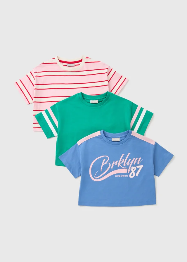 Girls 3 Pack Multi Colour Cropped T-Shirts (7-15yrs)
