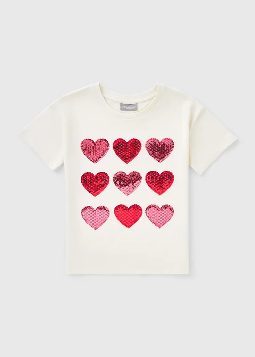 Girls Cream Heart Sequin T-Shirt (7-15yrs) - Age 7 Years Image 1