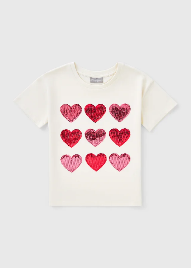 Girls Cream Heart Sequin T-Shirt (7-15yrs)