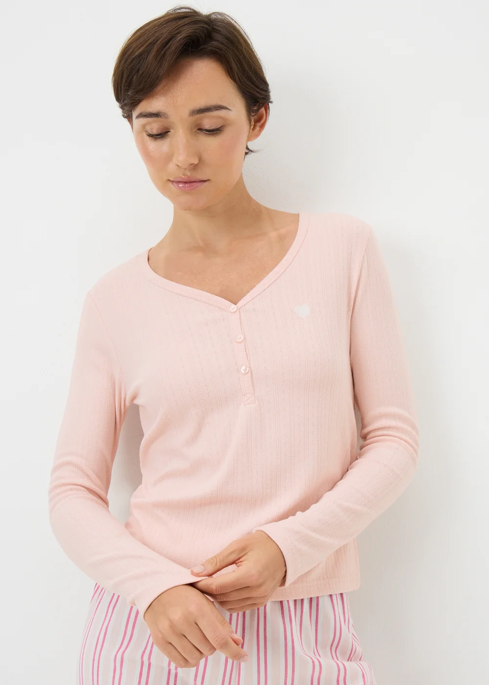Pink Pointelle Henley Pyjama Top - Extra small Image 1