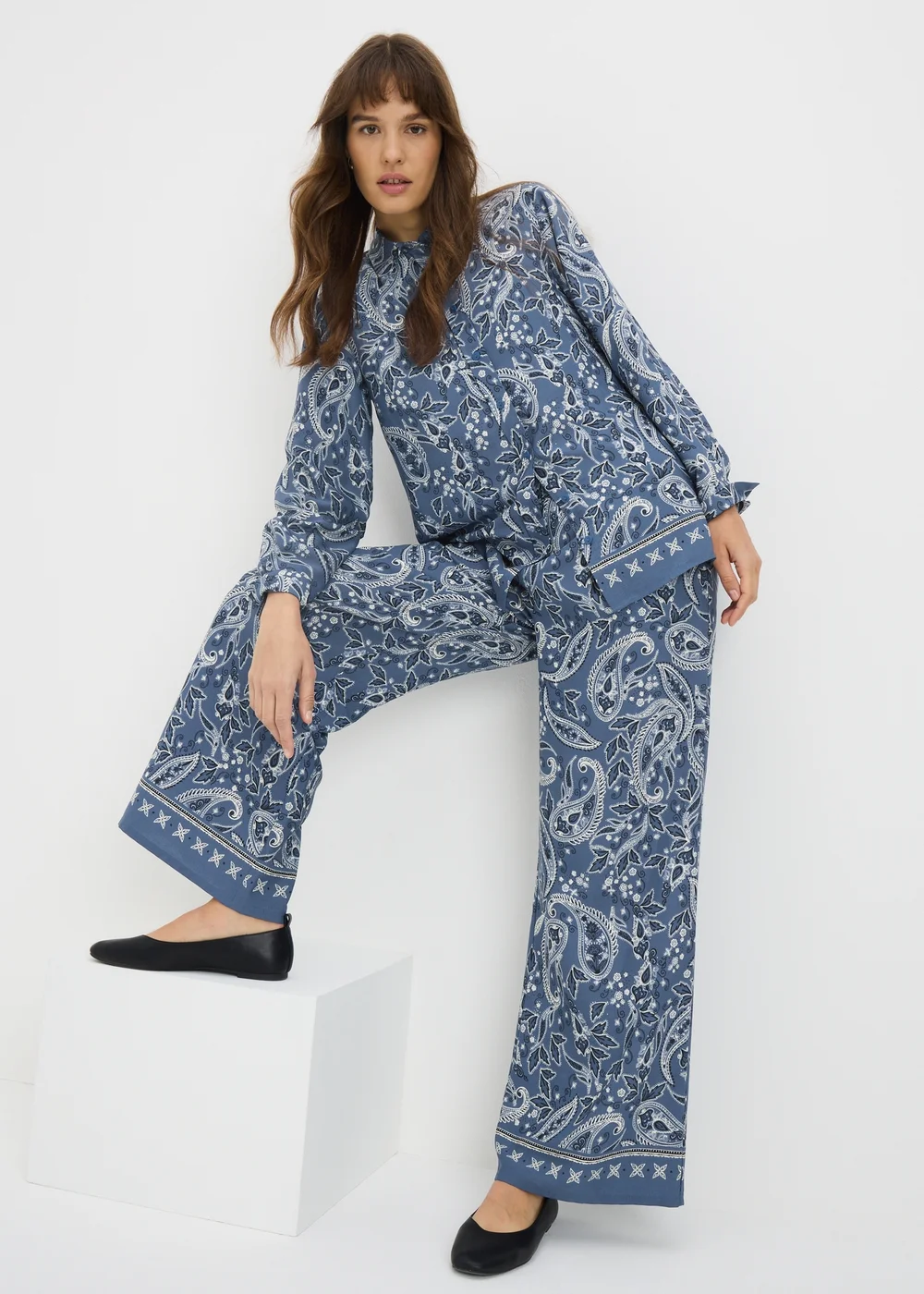 Blue Paisley Wide Leg Co-Ord Trousers - Size 14 29 leg Image 1