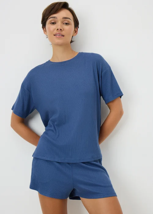 Blue Brushed Ribbed Short Pyjama Set - Extra small Image 1