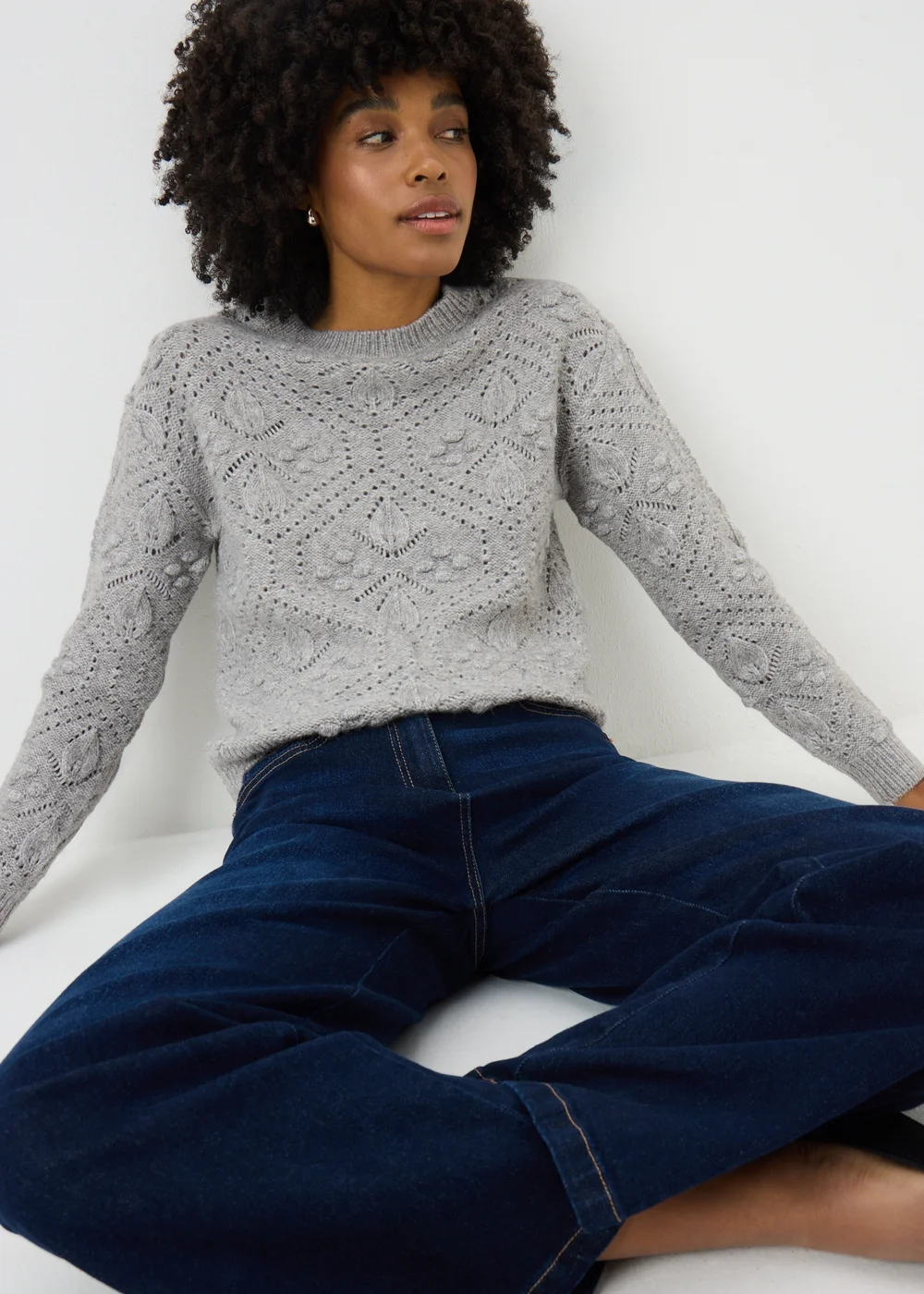 Grey Marl Bobble Stitch Cable Jumper - XL Image 1