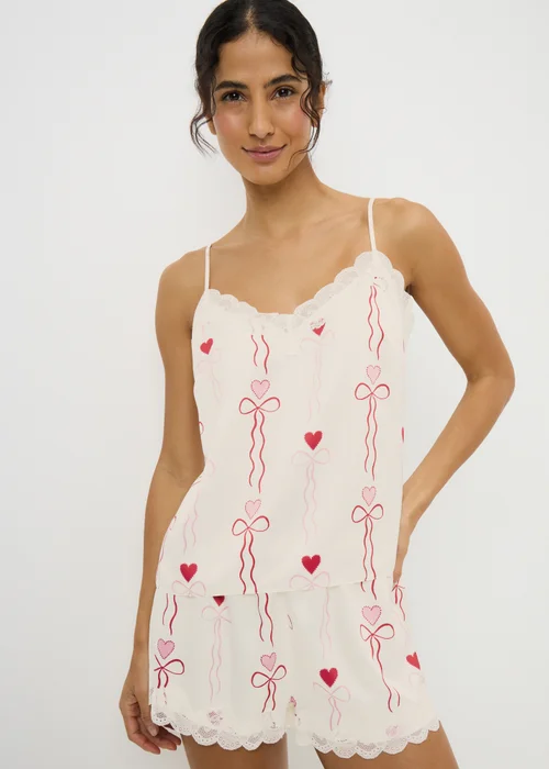 Cream Heart Satin Short Pyjama Set - Size 8 Image 1