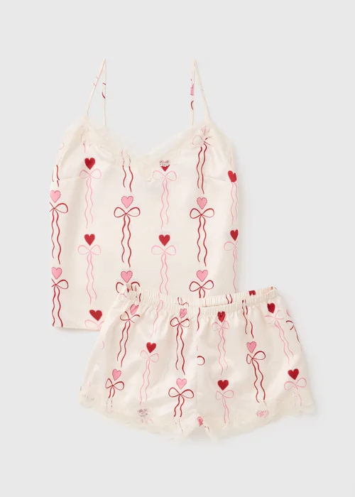 Cream Heart Satin Short Pyjama Set - Size 8 Image 3