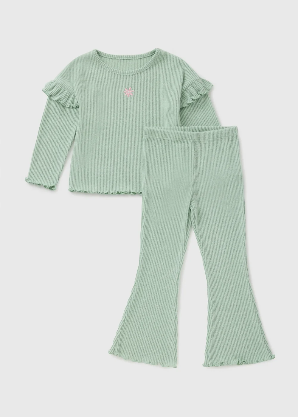 Girls Sage Ribbed Flower Top & Flare Set (1-7yrs) - 1 to 1 half years Image 1
