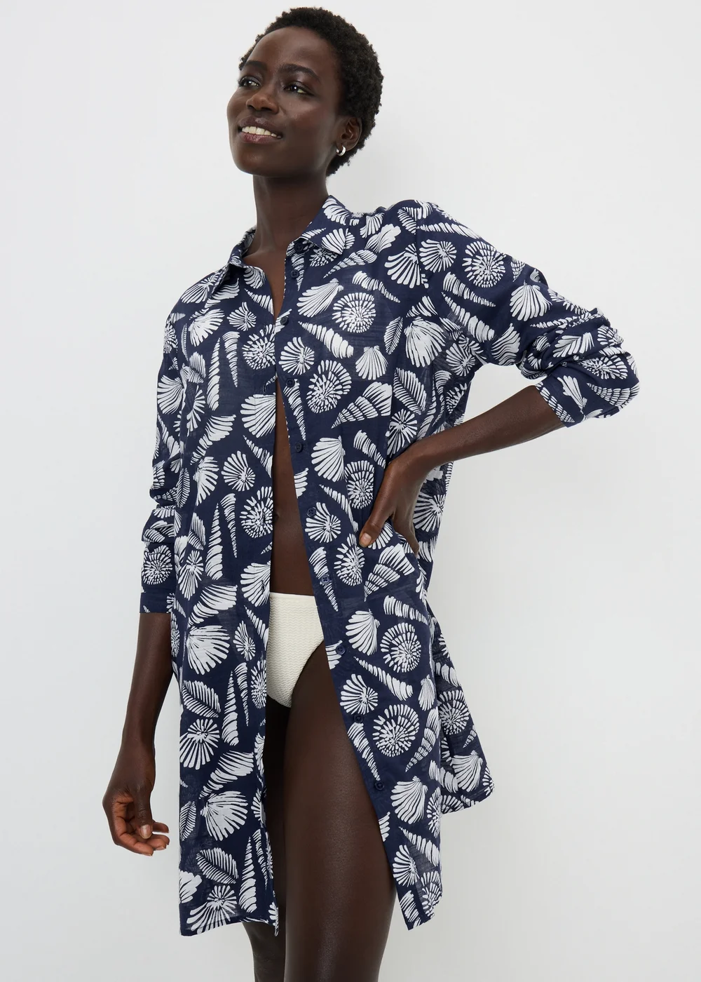 Navy Shell Print Beach Shirt - Medium Image 1