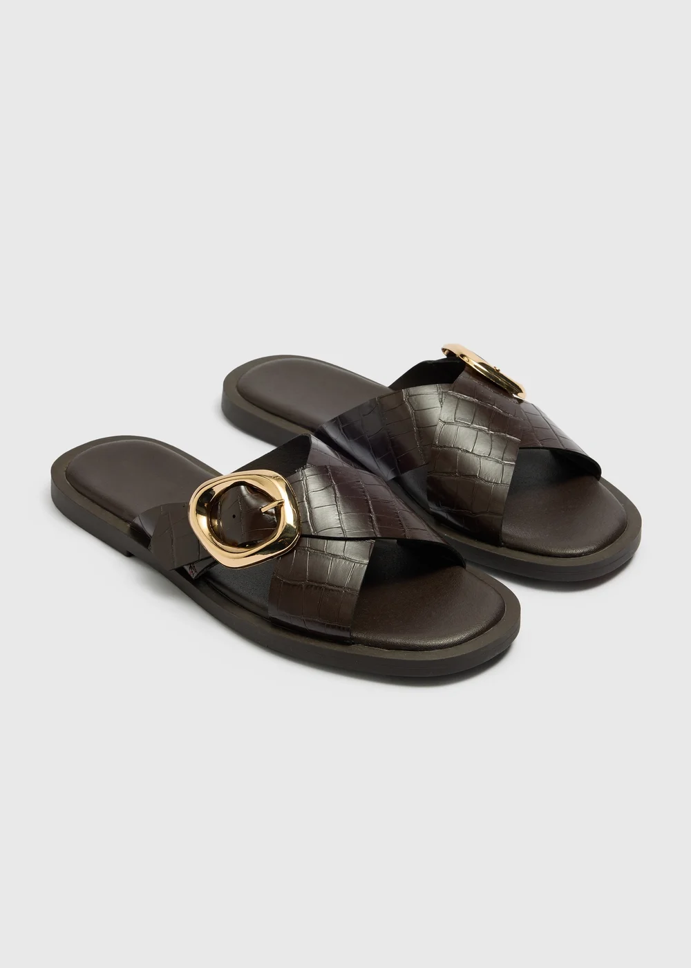 Chocolate Brown Cross Strap Buckle Sliders - Size 3 Image 1