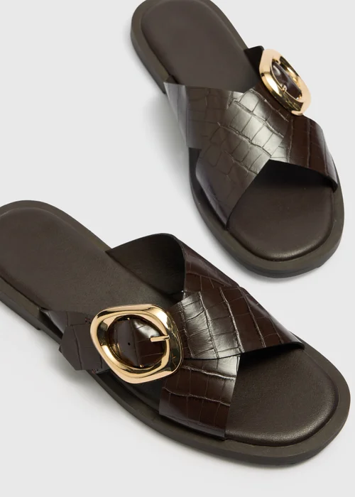 Chocolate Brown Cross Strap Buckle Sliders - Size 3 Image 2