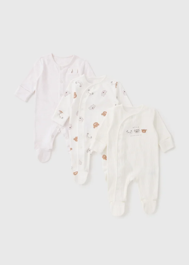 3 Pack White Bear Layette Sleepsuits (Newborn-12mths)