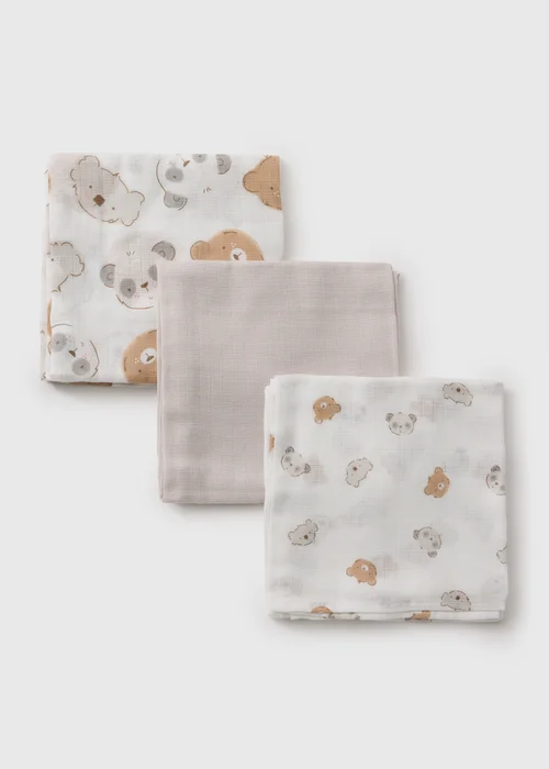 3 Pack Baby Grey Bear Muslin Cloths - One Size Image 2